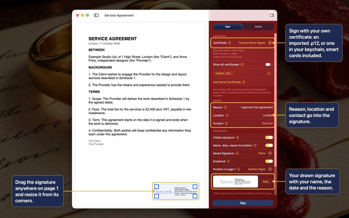Signing a contract: certificate, details and a visible signature you can drag on page 1