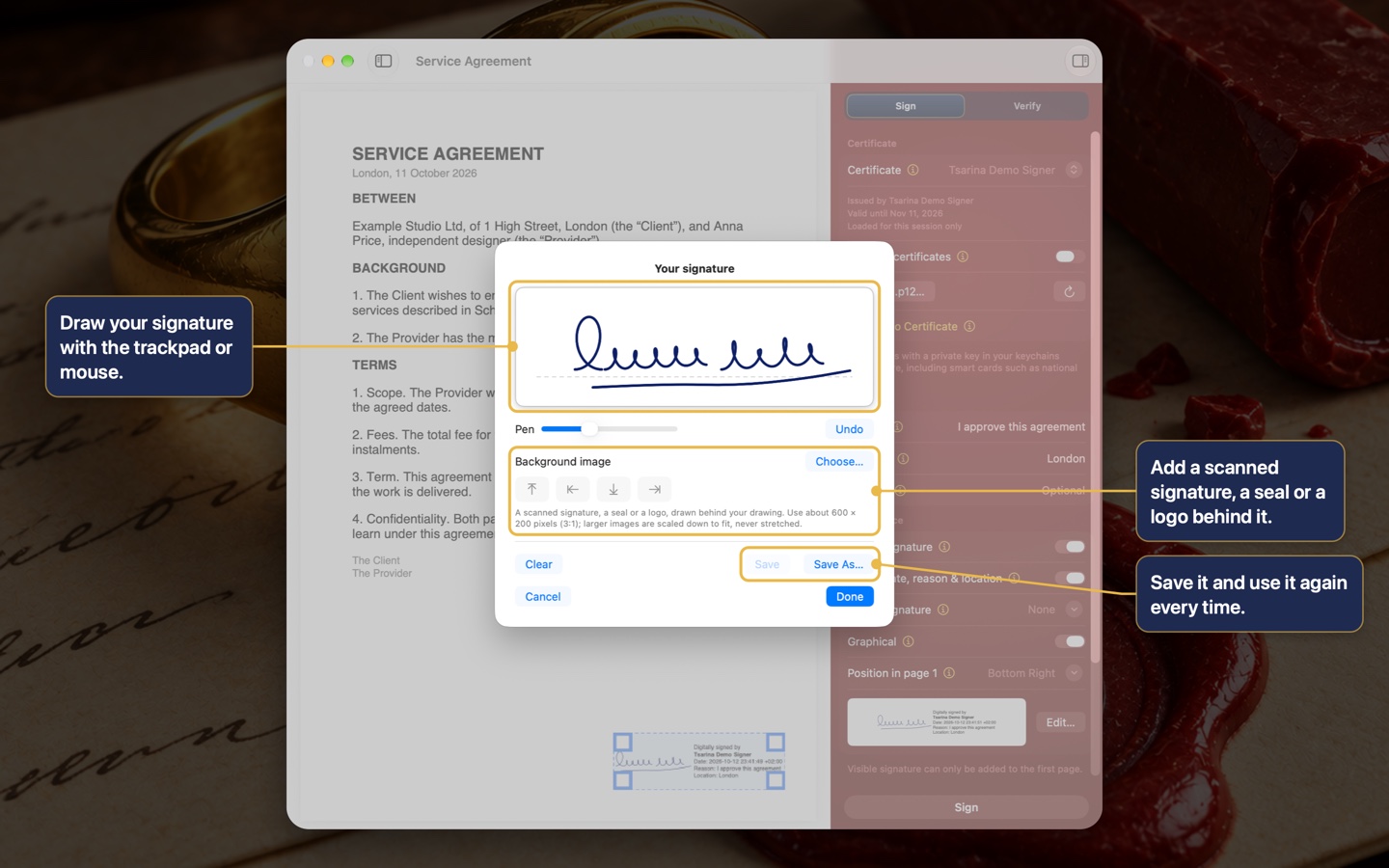 Drawing your signature, with an optional scanned signature, seal or logo behind it