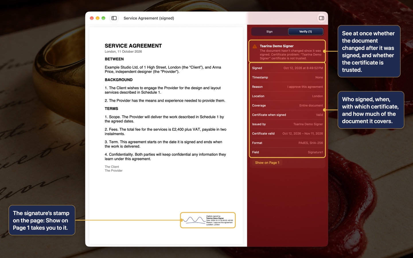 Verifying a signed PDF: who signed, when, and whether the document changed