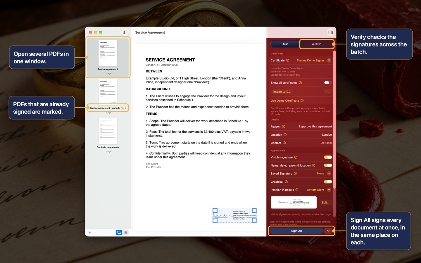 Several PDFs in one window, signed all at once with Sign All