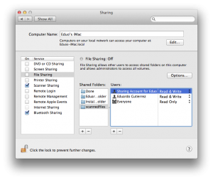 Setting sharing permissions from the System Preferences Sharing pane